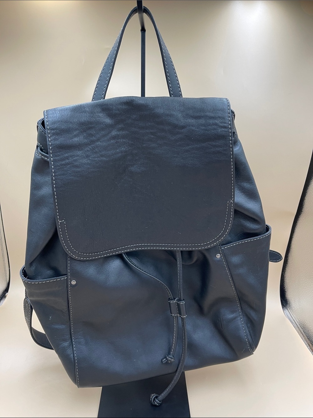 Frye Classic Black Leather Drawstring Backpack